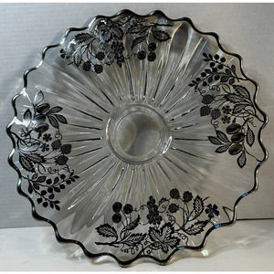 VTG Sterling Silver Overlay Sunburst Round Glass Scalloped Edge 14.5" Platter